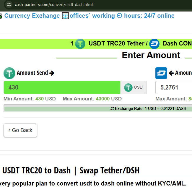 ! Convert USDT to Dash & Exchange Tether TRC20 to dash with profitable price without KYC AML.